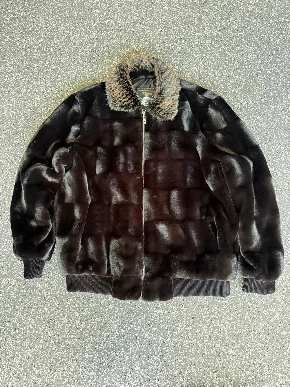 Mens Black Faux Fur Bomber Jacket with Contrast Collar
